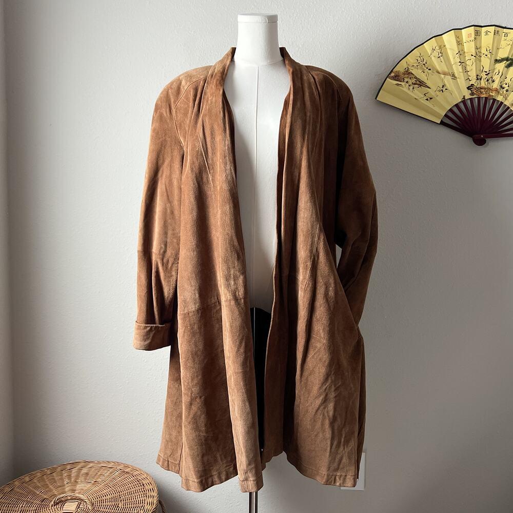 80s vintage camel tan brown suede leather open trench coat jacket